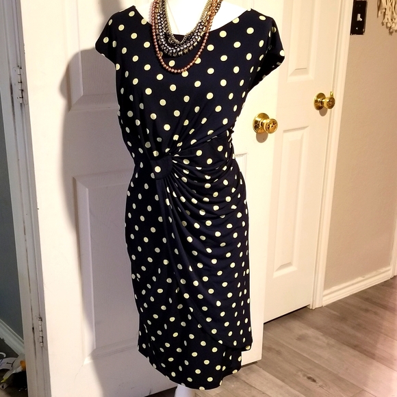 connected apparel Dresses & Skirts - VINTAGE NAVY DRESS WITH PALE YELLOW POLKA DOTS 20W